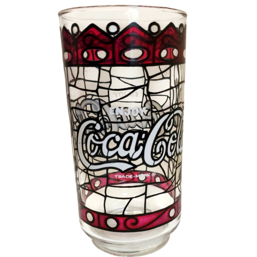 Vtg Coca-Cola Drinking Glass Advertising Coke Tiffany Style Stained Glass Cuo